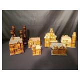 Collection of wood candle sticks and house