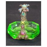 Vintage green glass pin  dish with metal and