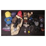 Box of miscellaneous hats, camera straps,