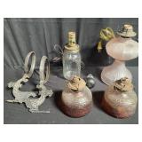 Collection of vintage electric and oil lamps box