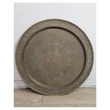 Vintage etched brass tray with scalloped edge,