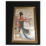 Vintage Asian watercolor painting on silk