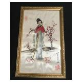 Vintage Asian watercolor painting on silk