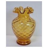 Vintage amber glass vase ruffled top and diamond