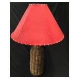Vintage wicker table lamp with leather shade
