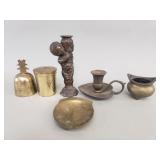 Collection of brass candleholders, bell, change