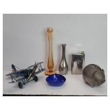 Vintage metal pig bank. Vintage metal vase,