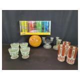 Glass candelabras, ceramic orb, vintage glasses