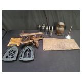 Vintage metal airplane, license plate, owl, etc