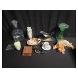 Box of miscellaneous, oil lamp base, ash tray,