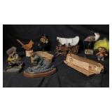 Box of miscellaneous dolls, wagon model, spelter
