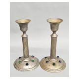 Vintage brass candlesticks with green and blue