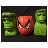 Lot of 2 superhero buckets and 1 Hulk coin bank