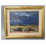 Signed Constantine oil on board titled "Storm In
