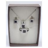 Sterling silver and black diamond set: ring,