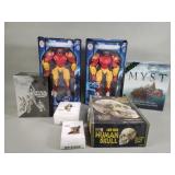 Box of ornaments, myst pc game, action figure, etc