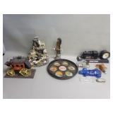 Box of miscellaneous, composite fountain, train