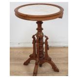 Vintage walnut circular side table with marble top
