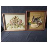 2 Vintage Folk Art textile framed artworks