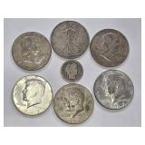 6 Silver Half Dollars, 1 1916 Barber Silver Dime.