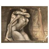 Nude charcoal painting with a wash on paper