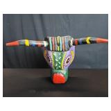 Vintage carved wood hand painted bull wall mask