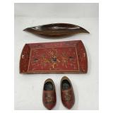 Dutch hand-painted tray and clogs, monkey pod