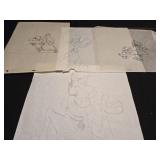 Lot of 3 pencil drawings and 1 cell