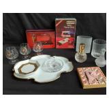 Mini travel irons, signed crystal ring diam,