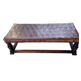 Vintage hand woven leather & wood bench