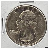 1937 Washington Silver Quarter Coin.