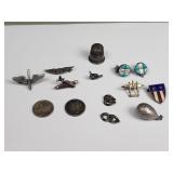 Silver aviation pins, earrings, thimble, p