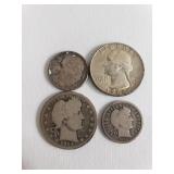Four silver coins ,1914 Barber silver quarter,