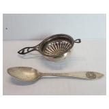 Sterling silver tea strainer and spoon