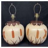 Pair of vintage cattail ceramic lamps