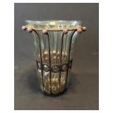 Antique caged glass vase wrought iron frame