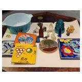 Vintage Pyrex, glass bottles, ceramic tiles,