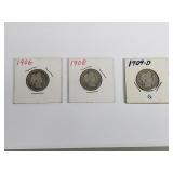 3 Barber silver quarters 1906, 1908, 1909-D