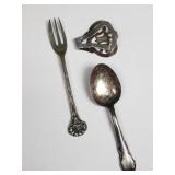 Sterling silver napkin clip, pickle fork, and