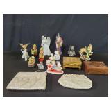 Wood trinket boxes,  porcelain, composite and