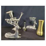 Pair of chrome metal deer candelabras, brass