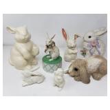 Group of ceramic and composite rabbit figurines