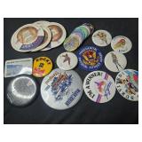 Lot of assorted pins, patches, coasters, and