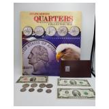 Coins and currency including 1928 G red note $2