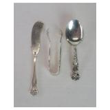 Sterling silver tongs, spoon and butter