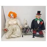 3 bisque and fabric clowns