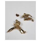 14k gold fish pin, karate pendant, earring back