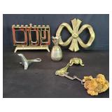 Brass menorah, bow brass trivet, brass frog