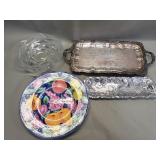 Group of silver plate, ceramic, and glass trays