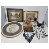 Box of vintage costume jewelery, marbles,